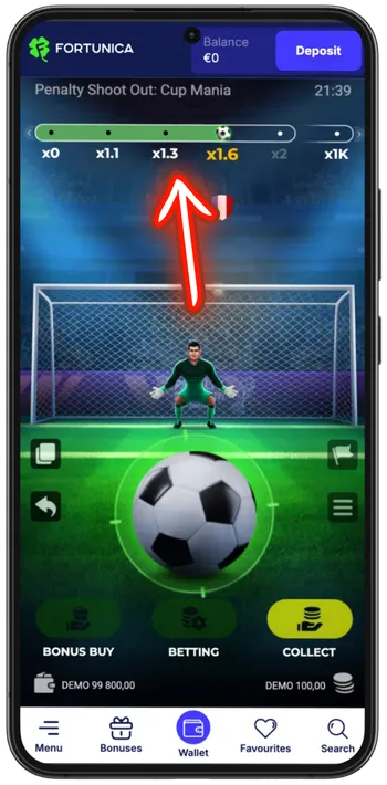 Penalty Shoot Out Cup Mania collect button and multiplier ladder