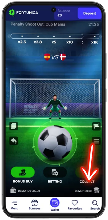 Penalty Shoot Out Cup Mania bet amount settings panel